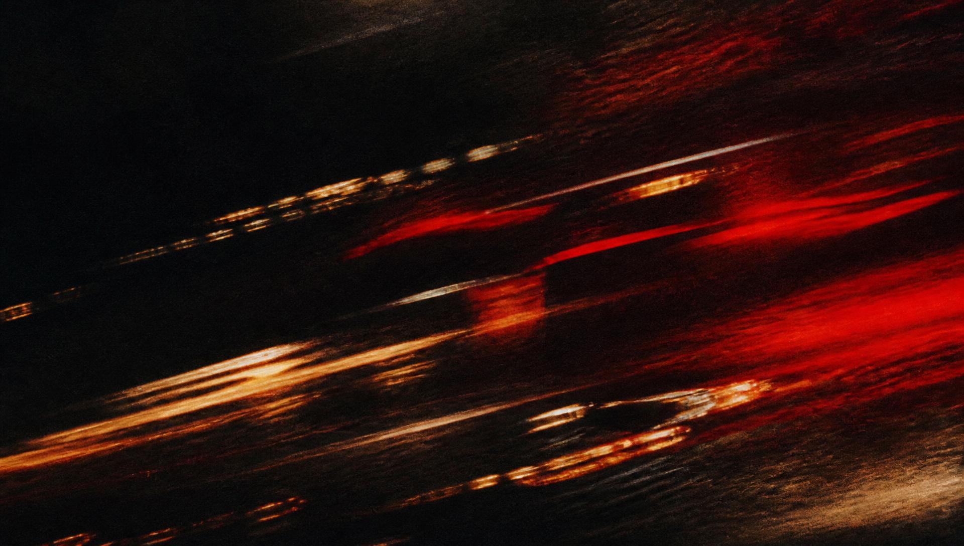 Long-exposure city lights photographed on grainy film